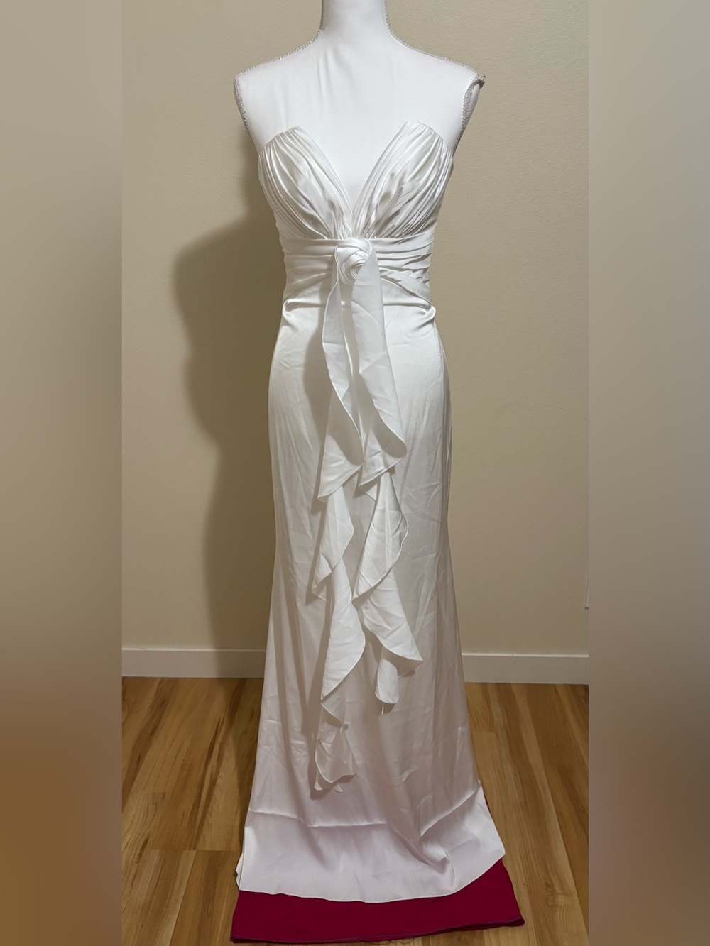 Strapless White Satin Pleated Waist-Knot Dress